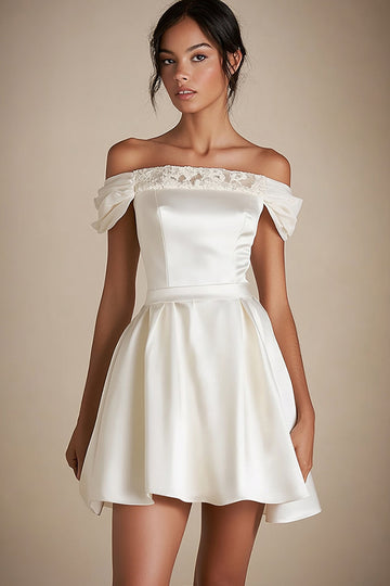 Off the Shoulder White Satin A Line Short Graduation Dress with Lace
